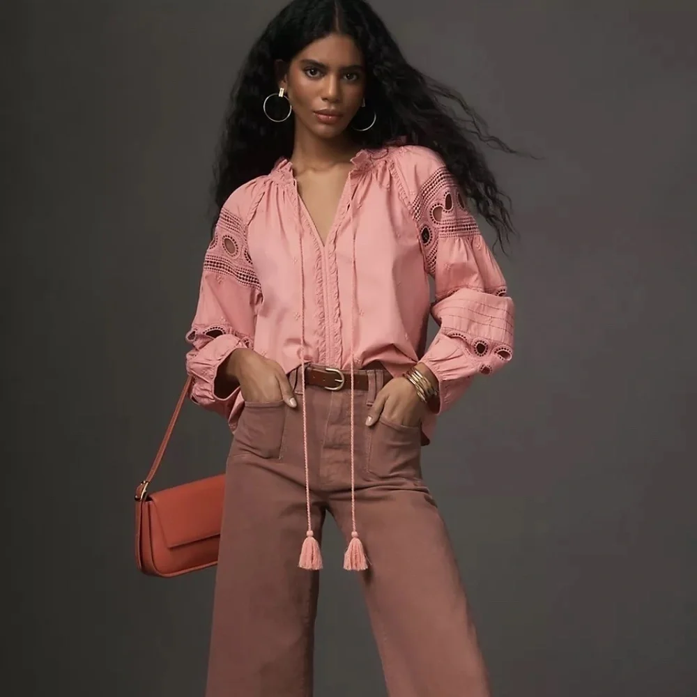 NWT Anthropologie Pink Forever that Girl Pink V-Neck Peasant Top M
